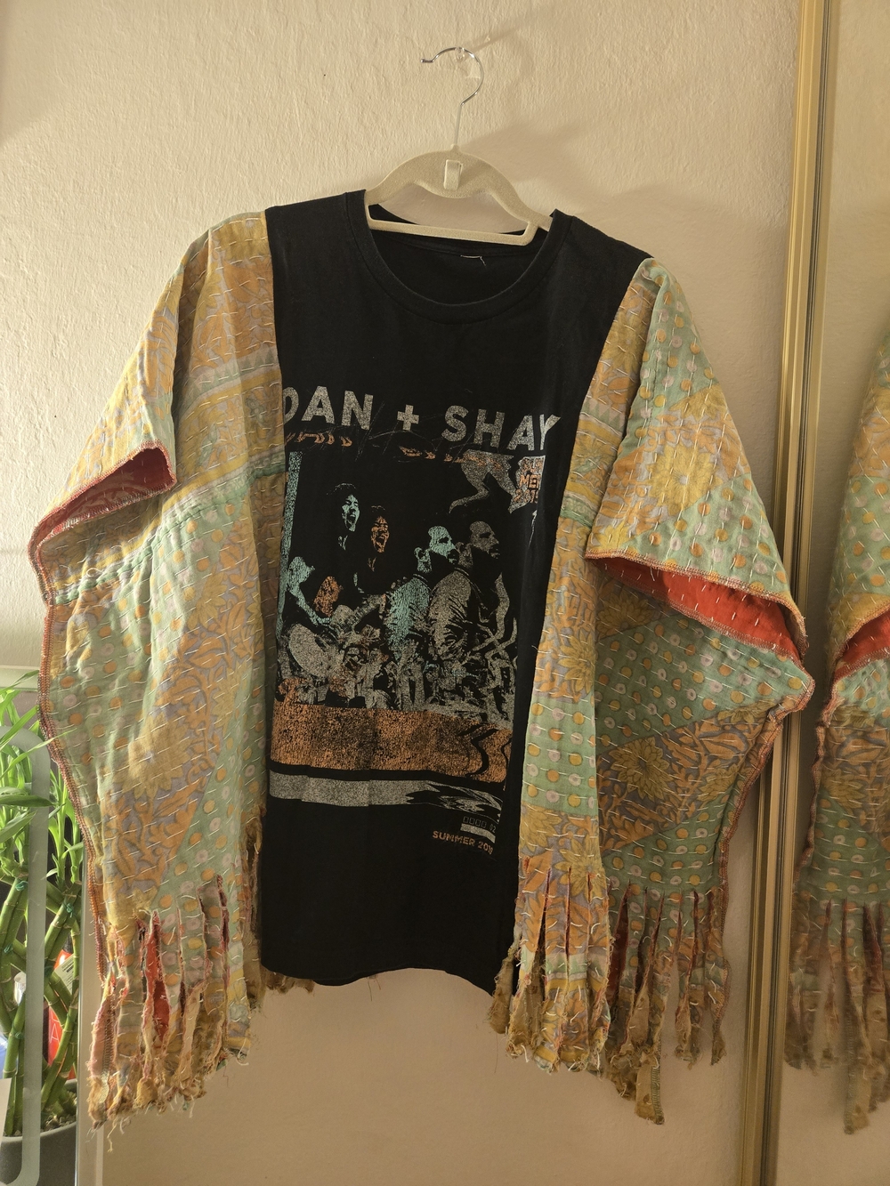 Hand Crafted Black Band Tee with Patchwork Fringe Kimono